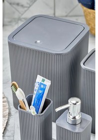 Resim Line 5 Parça Kare Banyo Seti - Çöp Kovası Wc Fırçası Sıvı-katı Sabunluk Diş Fırçası Antrasit 