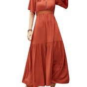 Resim Rustydustty Boho Chic Viskoz Elbise - Dantel Detaylı, Beli Kıvrılmış, A-Kollu Etek, Kısa Kollu, Rahat Kesim, Günlük Kullanım ve Festivaller için Rahat Kesim 