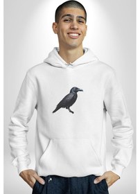 Resim Siyah Karga Kadın Erkek Beyaz Kapüşonlu Sweatshirt Hoodie Beyaz 