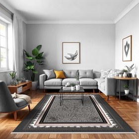 Resim Gri Çerçeve Modern Geometrik Etnik Eskitme Desenli Boho Makinada Yıkanabilir Hafif Hav Toz Vermez Leke Tutmaz Kaymaz Taban Dijital Makine Baskı Halı Oturma Odası Salon Yolluk Koridor Mutfak Halısı 