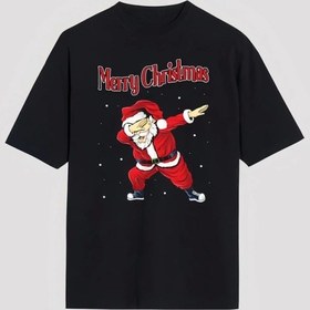 Resim Merry Christmas Baskılı Noel Babalı T-shirt - Siyah Siyah 