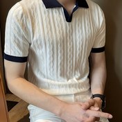 Resim Erkekler İçin Yazlık Slim Fit Kontrast Yaka Kısa Kollu Triko Kazak - Hafif, Nefes Alabilen Ofis ve Sosyal Etkinlikler İçin Makinede Yıkanabilir, Şık Kazaklar, Orta Esneklikli Kumaş 