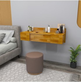 Resim WOODFACE Meşe Masif Ahşap Masif Aynalı Makyaj Masası Duvara Monte 2 Raflı Tuvalet Masası Amber 