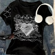 Resim Kadınlar İçin Y2K Streetwear Slim Fit Tişört - Siyah Kalp & Çiçek Desenli Yuvarlak Yaka Günlük Üst, Makinede Yıkanabilir Her Mevsim Moda T-Shirt, Müzik Festivali Kıyafeti, Yıldız Süslemeli Gömlek, Şık Kumaş 