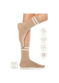 Resim Saysez Bambu Unisex Tenis Kolej Çizgili Premium Bej Vizon Dikişsiz Soket Çorap Bej 