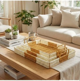 Resim Bucuks İç İçe Geçebilen 3 Lü Dikdörtgen Plastik Rattan Tepsi Seti-çift Renkli Hasır Görünümlü Çok Amaçlı Servis Ve Sunum Tepsileri 