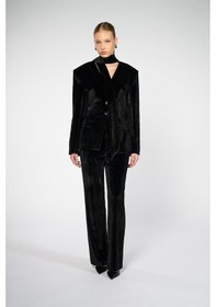Resim Kadın Siyah Bele Oturan Şal Detaylı Kadife Blazer Siyah 