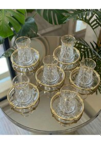Resim Elta Collection 12 Parça 6 Kişilik Kristal Kesim Çay Takımı Cam Çay Bardağı Ve Tabak Seti Altın 
