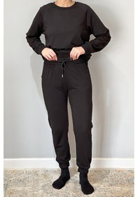 Resim Kadın Sweatshirt Paçası Lastikli Eşofman Takımı 8006 Siyah Siyah 