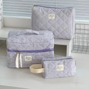 Resim 3 Adet Honey Girl Blueberry Check Kozmetik Çantası Seti, Polyester Seyahat Makyaj Çantaları, Katlanabilir, Yüksek Estetik Taşınabilir Tuvalet Malzemeleri Organizatörü Kadınlar İçin 