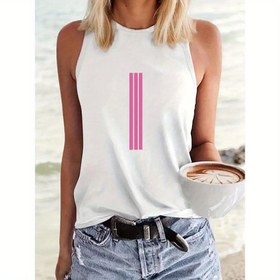 Resim Kadın Y2K Kolsuz Atlet - Siyah Rahat Bol Kesim ile Pembe Geometrik Çizgili Tasarım, Bahar ve Yaz için Yumuşak Esnek Kumaş, Günlük Kıyafet için Çok Yönlü, Tüm Mevsimler Kıyafeti | Y2K Modası | Pürüzsüz Dokuma 