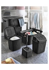 Resim Dalgalı 5 Parça Banyo Seti Kirli Çamaşır Sepeti Deterjanlık Çöp Kovası Temiz Çamaşır Sepeti Çeyizlik Siyah Siyah 