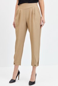 Resim Desen Triko Kadın Geniş Kemerli Paçası Düğmeli Keten Pantolon Camel 