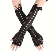 Resim 1 Çift Gotik Dantelli Tam Eldiven, Grommet ve Bağcık Detaylı, Elastik Düz Renkli Uzun Yarım Parmak Parti Eldiveni Kadınlar için, Rahat Stil Dekoratif Örgü Jakarlı Kumaş, Tüy Yok, Elde Yıkanabilir 