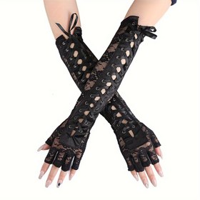 Resim 1 Çift Gotik Dantelli Tam Eldiven, Grommet ve Bağcık Detaylı, Elastik Düz Renkli Uzun Yarım Parmak Parti Eldiveni Kadınlar için, Rahat Stil Dekoratif Örgü Jakarlı Kumaş, Tüy Yok, Elde Yıkanabilir 