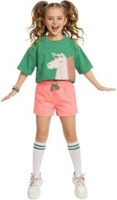 Resim Kız Çocuk Takım Unicorn Havlu Kumaş Crop Top Üst Ve Şort Takım Yazlık 4-10 Yaş 