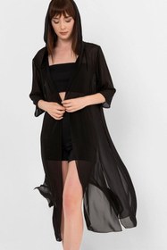 Resim Laranor Siyah Kapüşonlu Yırtmaç Detaylı Şifon Kimono&bikiniüstü 
