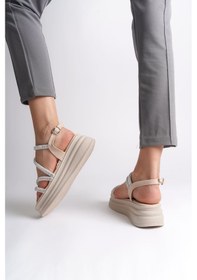 Resim Rıley İnce Tokalı Taşlı Şeritli Ortopedik Taban Kadın Sandalet Ckt - Krem Çok Renkli 