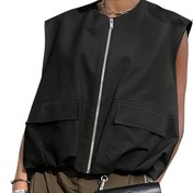 Resim Kadın Hafif Kolsuz Fermuarlı Ceket - Günlük İlkbahar/Yaz Büyük Bedenli Yaka ile Cep, Siyah, Polyester, Ruched Kenar, Moda Blazer|Sakin Uygun Ceket|Fermuarlı Ceket 