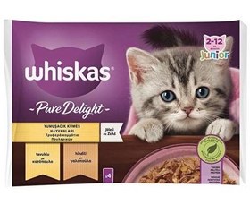 Resim Whiskas Pouch Güveç Etli Pure Delight Tavuklu ve Somonlu Yavru Kedi Yaş Maması 4X85 gr (13 Paket, 52 Adet Tekli) 