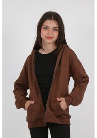 Resim Toontoy Kız Çocuk Kapüşonlu Fermuarlı Cepli Düşük Omuz Nakış Baskılı Örme Hırka - 3 İplik Şardonsuz Kahverengi 