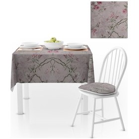 Resim Sarmaşık Çiçek Desenli Vizon Zemin Yeşil Yapraklı Pembe Dijital Baskılı Petek Dokuma Masa Örtüsü 140x180 