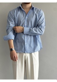 Resim Old Money Rahat Kalıp Çizgili Gömlek Mavi 