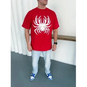 Resim Marsilyan Erkek Örümcek Baskılı Tişört Kısa Kollu Bisiklet Yaka T-Shirt - Kırmızı 