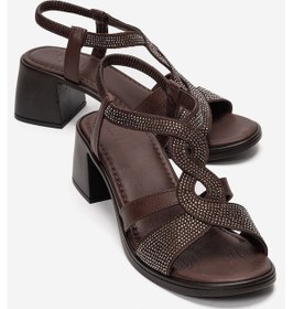 Resim Luvishoes Dolen Kahverengi Hakiki Deri Kadın Taşlı Kalın Topuk Sandalet 