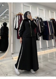 Resim Kadın Tesettür 3 Lü Takım Etek Sweat Üst Alt Fermuarlı Günlük Spor Kombin Siyah 