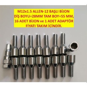 Resim Allen-12 Başlı Krom Kaplı Bijon M12X1.5 ,Diş=28 Mm Tam Boy 55 Mm 