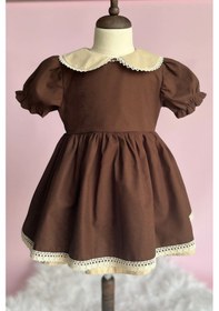 Resim Dantel Detaylı Bebe Yaka Kahve Camel Vintage Kız Çocuk Bebek Bayram Elbise 001 