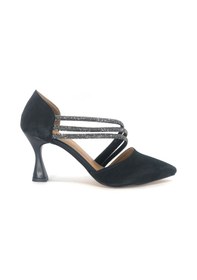 Resim Feles 140 Üç Şerit Taşlı Abiye Kadın Topuklu Ayakkabı Stiletto Siyah-Saten 