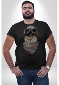 Resim Kasket Bandana Motorcu Kedi Unisex Unisex Siyah Organik Baskılı T-shirt Penye Yüksek Kalite Siyah 