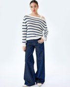 Resim Triko Çizgili Kayık Yaka Uzun Kollu Kazak 