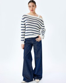 Resim Triko Çizgili Kayık Yaka Uzun Kollu Kazak 