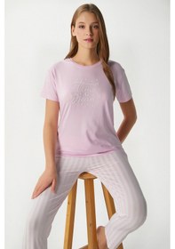 Resim Ritnice Kadın Time Yumuşak Doku Pembe Çizgili Bisiklet Yaka Kısa Kollu Alt Üst Pijama Takımı Pembeekru Çok Renkli 