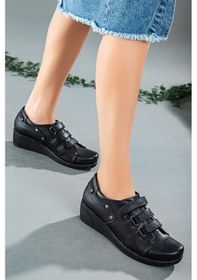 Resim Dilimler Ayakkabı Cırtlı Cilt Siyah Kadın Dolgu Taban Günlük Ayakkabı-2211-Siyah 