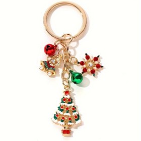 Resim 1 adet Bayramlık Noel Ağacı & Kar Tanesi Zil Anahtarlık - Alaşımlı Taşlı Aksanlarla, Kırmızı & Yeşil Dekoratif Süsler Çantalar, Sırt Çantaları & Araba Anahtarları için - Mükemmel Tatil Hediyesi, Noel Süsleri 