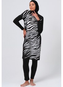 Resim Alfasa Önü Zebra Desenli Kadın Tam Kapalı Tesettür Mayo 23691 Siyah 