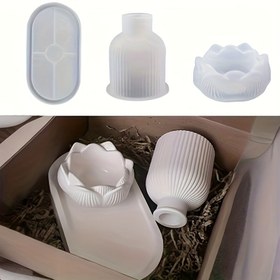 Resim 3 Adet Silikon Reçine Döküm Kalıbı Seti, LEQU Lotus Mum, Çizgili Vazo, Kare Tepsi Şekilleri, DIY Ev Dekor El Sanatları Seti 