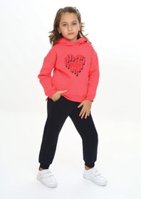 Resim Toontoy Kız Çocuk 2'li Takım Baskılı Kapüşonlu Sweatshirt & Beli Paçası Lastikli Jogger Eşofman Altı 