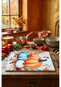 Resim Makri Home Dekoratif Kabak Desenli Cam Kesme Tahtası 25 Cm 35 Cm Turuncu 