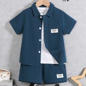 Resim Erkek Çocuk Yazlık Günlük Kıyafet Seti - Rahat Kısa Kollu Düğmeli Gömlek & Şort, Düz Renk, Nefes Alabilen Polyester, Dış Mekanlar İçin Mükemmel 