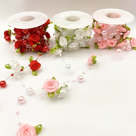Resim 1 Rulo Ekstra Uzun 200,0 cm Garland - Zarif İnci & Yapraklı Döngü Kurdele Berrak Boncuklar ve Pastel/Pembe/Kırmızı/Beyaz/Mavi Güller - Nikah Kemerleri için Süslemeler, Çiçekli Kuşağın Devam Eden Tasarımı ile Doğum Günü Partisi Süslemeleri, Çelenkler için Toplu Floral Kurdele (Renk Seçenekleri: Beyaz, Pembe, Kırmızı, Mavi) 