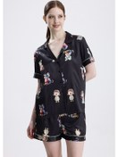 Resim Laperissa Kadın Kısa Kollu Şortlu Pijama Takımı Kız Bebek Desenli Yazlık Rahat Takım Siyah 