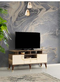 Resim 110 CM ART RAFLI MDF MEBRAN KAPAK TV SEHPASI PASİFİK CEVİZ - GOLD 
