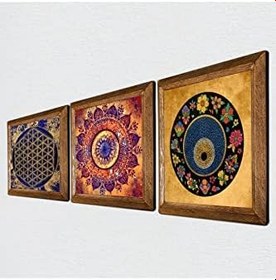 Resim Pinecone Mandala, Yaşam Çiçeği, Nazar Taş Duvar Tablosu - Ahşap Çerçeveli Taş Tablo - 25x25 cm - 3 Parça Set - Dekoratif Duvar Sanatı - Modern Ev ve Ofis Duvar Dekoru W3-374 