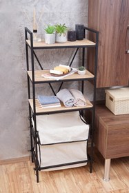 Resim Mudesa Çamaşır Sepeti Ahşap Raflı Kirli Sepeti 3 Bölmeli Banyo Düzenleyici 