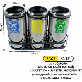 Resim Arı Metal Geri Dönüşüm Kovası Çemberli 3 Lü Paslanmaz 81 Litre 